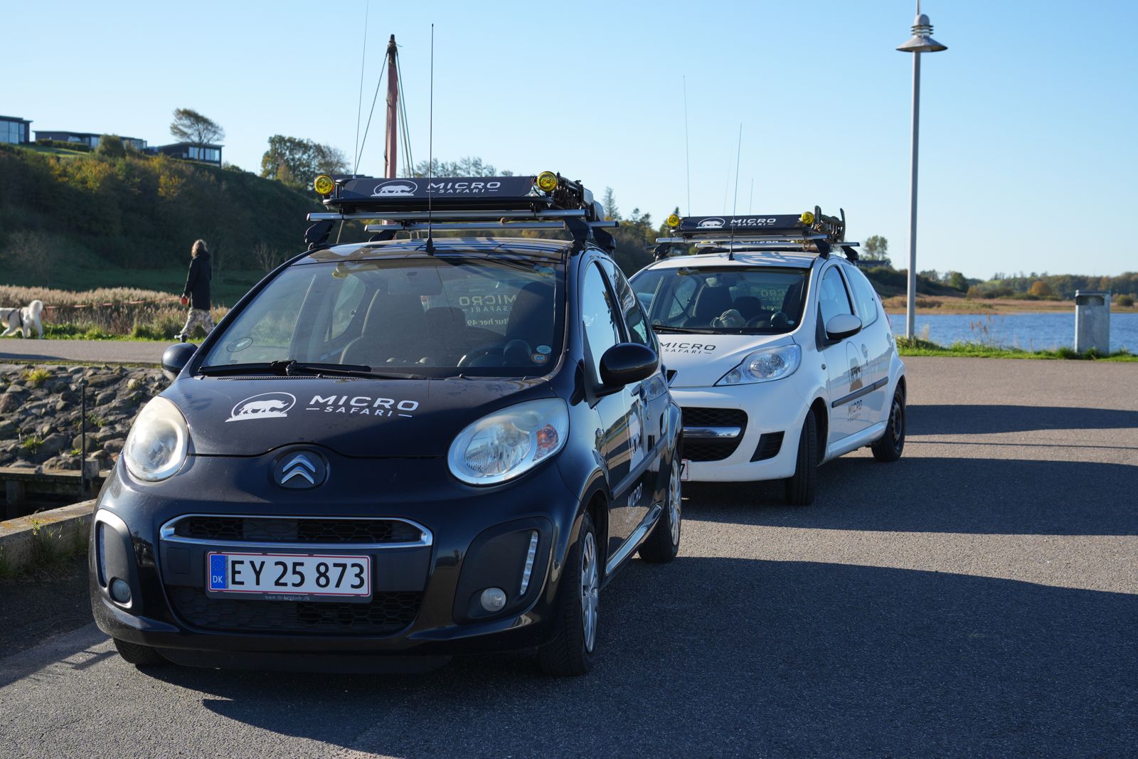 To Microsafari-biler ved havnen